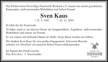 Traueranzeige von Sven Kaus von Wetterauer Zeitung