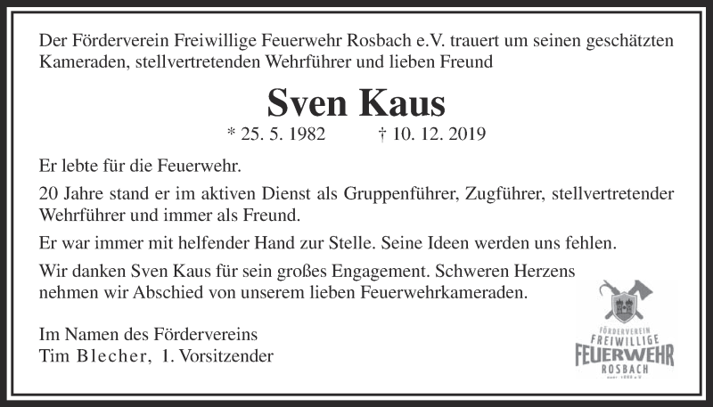  Traueranzeige für Sven Kaus vom 17.12.2019 aus Wetterauer Zeitung