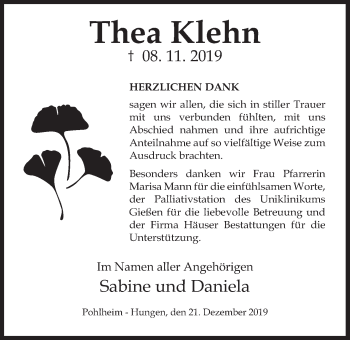 Traueranzeige von Thea Klehn von Giessener Allgemeine, Alsfelder Allgemeine