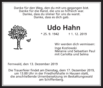 Traueranzeige von Udo Hahn von Giessener Allgemeine, Alsfelder Allgemeine