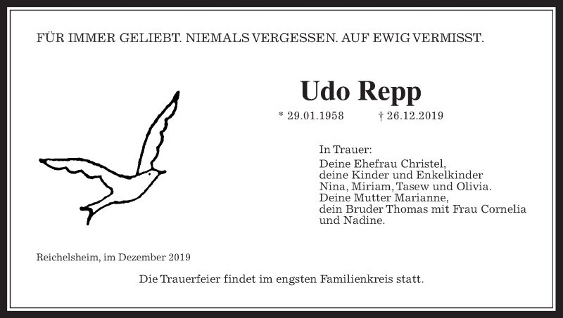 Traueranzeige für Udo Repp vom 28.12.2019 aus Wetterauer Zeitung