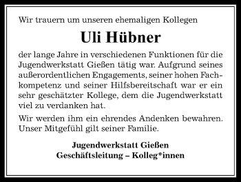 Traueranzeige von Uli Hübner von Giessener Allgemeine, Alsfelder Allgemeine