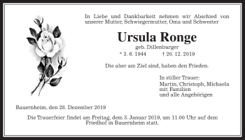 Traueranzeige von Ursula Ronge von Wetterauer Zeitung