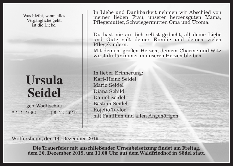 Traueranzeige für Ursula Seidel vom 14.12.2019 aus Wetterauer Zeitung