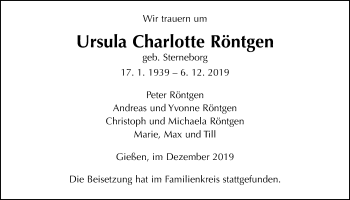 Traueranzeige von Ursula Charlotte Röntgen von Giessener Allgemeine, Alsfelder Allgemeine