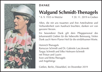 Traueranzeige von Walgund Schmidt-Thenagels von Giessener Allgemeine, Alsfelder Allgemeine