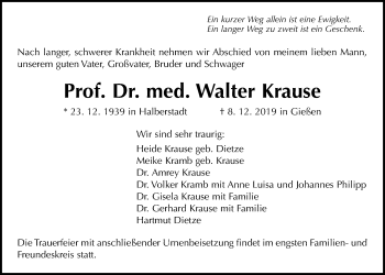 Traueranzeige von Walter Krause von Giessener Allgemeine, Alsfelder Allgemeine