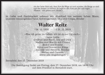 Traueranzeige von Walter Reitz von Alsfelder Allgemeine
