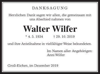 Traueranzeige von Walter Wilfer von Giessener Allgemeine, Alsfelder Allgemeine