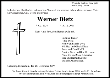 Traueranzeige von Werner Dietz von Giessener Allgemeine, Alsfelder Allgemeine