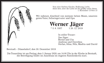 Traueranzeige von Werner Jäger von Wetterauer Zeitung