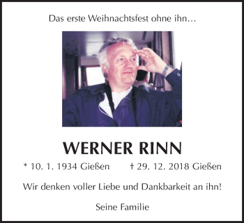 Traueranzeige von Werner Rinn von Giessener Allgemeine, Alsfelder Allgemeine