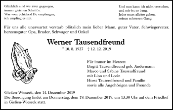 Traueranzeige von Werner Tausendfreund von Giessener Allgemeine, Alsfelder Allgemeine