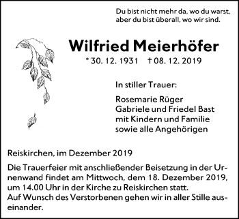 Traueranzeige von Wilfried Meierhöfer von Giessener Allgemeine, Alsfelder Allgemeine
