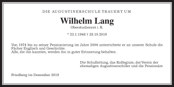 Traueranzeige von Wilhelm Lang von Wetterauer Zeitung