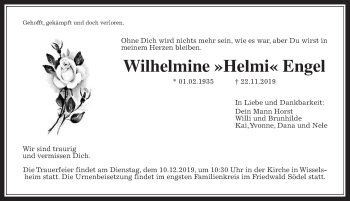 Traueranzeige von Wilhelmine Engel von Wetterauer Zeitung