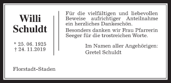 Traueranzeige von Willi Schuldt von Wetterauer Zeitung