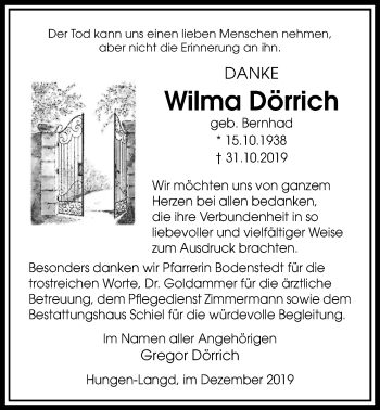 Traueranzeige von Wilma Dörrich von Licher Wochenblatt