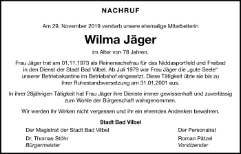 Traueranzeige von Wilma Jäger von Bad Vilbel/Karben