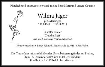 Traueranzeige von Wilma Jäger von Bad Vilbel/Karben