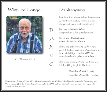 Traueranzeige von Winfried Lange von Bad Vilbel/Karben