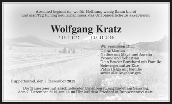 Traueranzeige von Wolfgang Kratz von Alsfelder Allgemeine