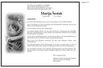 Traueranzeige von Marija Šestak von Licher Wochenblatt