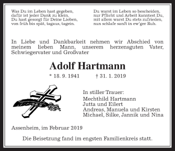 Traueranzeige von Adolf Hartmann von Wetterauer Zeitung, Wetterauer Zeitung