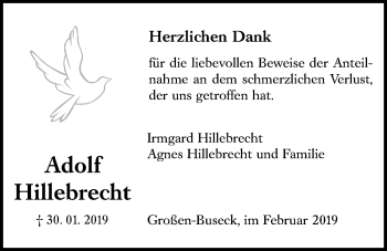 Traueranzeige von Adolf Hillebrecht von Giessener Allgemeine, Alsfelder Allgemeine