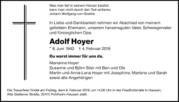 Traueranzeige von Adolf Hoyer von Giessener Allgemeine, Alsfelder Allgemeine