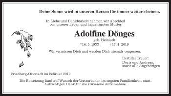Traueranzeige von Adolfine Dönges von Wetterauer Zeitung, Wetterauer Zeitung