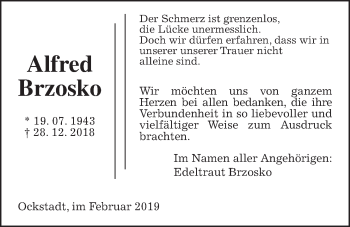 Traueranzeige von Alfred Brzosko von Wetterauer Zeitung, Wetterauer Zeitung