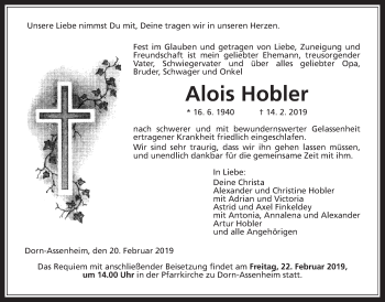 Traueranzeige von Alois Hobler von Wetterauer Zeitung, Wetterauer Zeitung