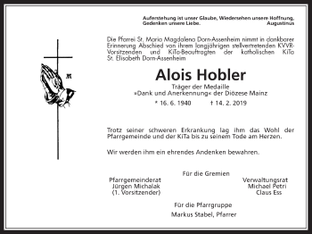Traueranzeige von Alois Hobler von Wetterauer Zeitung, Wetterauer Zeitung