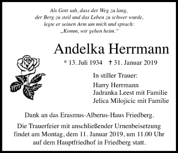 Traueranzeige von Andelka Herrmann von Wetterauer Zeitung, Wetterauer Zeitung