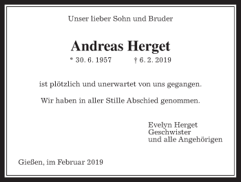 Traueranzeige von Andreas Herget von Giessener Allgemeine, Alsfelder Allgemeine