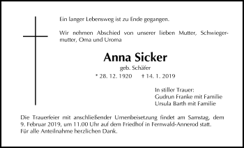 Traueranzeige von Anna Sicker von Giessener Allgemeine, Alsfelder Allgemeine