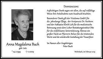 Traueranzeige von Anna Magdalena Buch von Wetterauer Zeitung, Wetterauer Zeitung