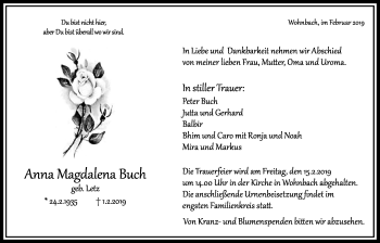 Traueranzeige von Anna Magdalena Buch von Wetterauer Zeitung, Wetterauer Zeitung