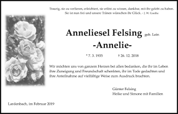 Traueranzeige von Anneliesel Felsing von Giessener Allgemeine, Alsfelder Allgemeine