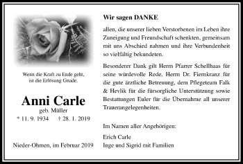 Traueranzeige von Anni Carle von Alsfelder Allgemeine, Mücker Stimme