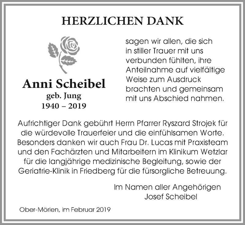  Traueranzeige für Anni Scheibel vom 09.02.2019 aus Wetterauer Zeitung, Wetterauer Zeitung