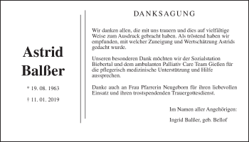 Traueranzeige von Astrid Balßer von Giessener Allgemeine, Alsfelder Allgemeine