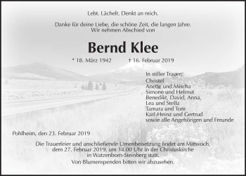 Traueranzeige von Bernd Klee von Giessener Allgemeine, Alsfelder Allgemeine