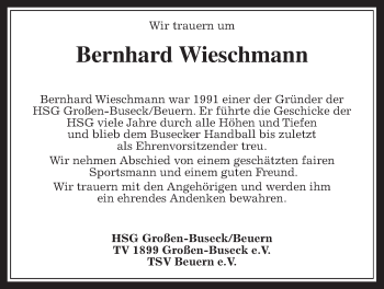 Traueranzeige von Bernhard Wieschmann von Giessener Allgemeine, Alsfelder Allgemeine