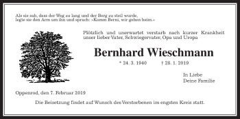 Traueranzeige von Bernhard Wieschmann von Giessener Allgemeine, Alsfelder Allgemeine