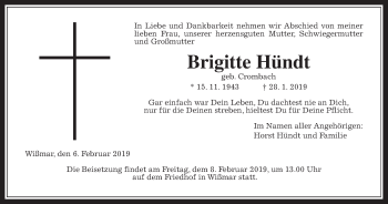Traueranzeige von Brigitte Hündt von Giessener Allgemeine, Alsfelder Allgemeine
