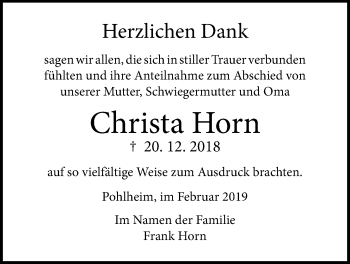 Traueranzeige von Christa Horn von Pohlheimer Nachrichten