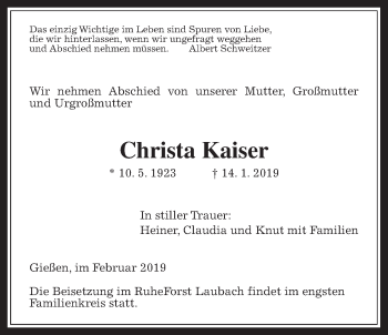 Traueranzeige von Christa Kaiser von Giessener Allgemeine, Alsfelder Allgemeine