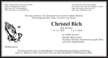 Traueranzeige von Christel Bich von Wetterauer Zeitung, Wetterauer Zeitung